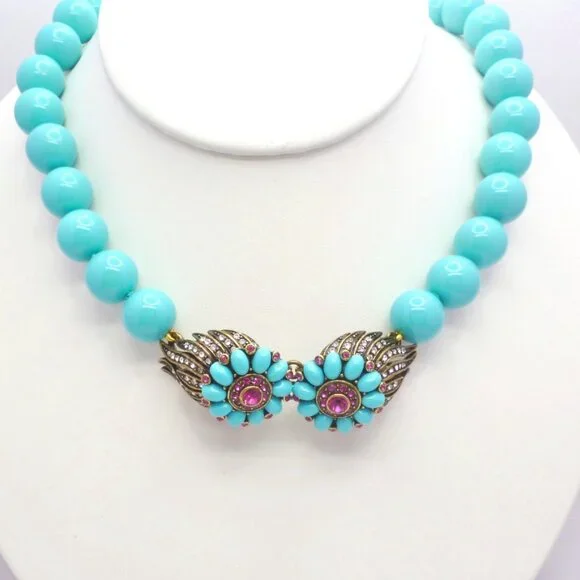 Heidi Daus Choker Necklace Turquoise Tone Beads Swarovski Crystal PERFECT 32307 - Picture 1 of 5
